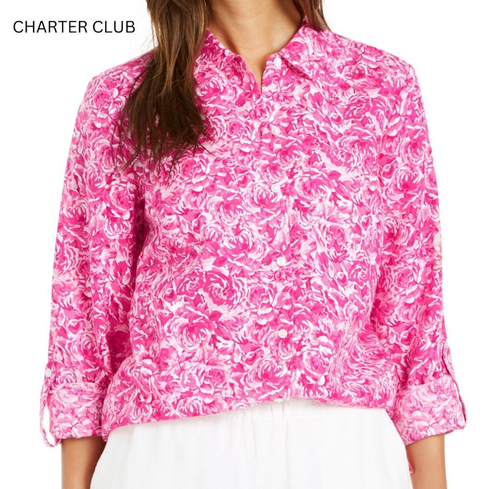 Charter Club Women's Preppy-Pink Abstract Floral Linen Blouse SZ Small